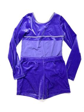 Danskin Now Girls Velvet Purple Performance Leotard Shorts Set Gymnastics Dance